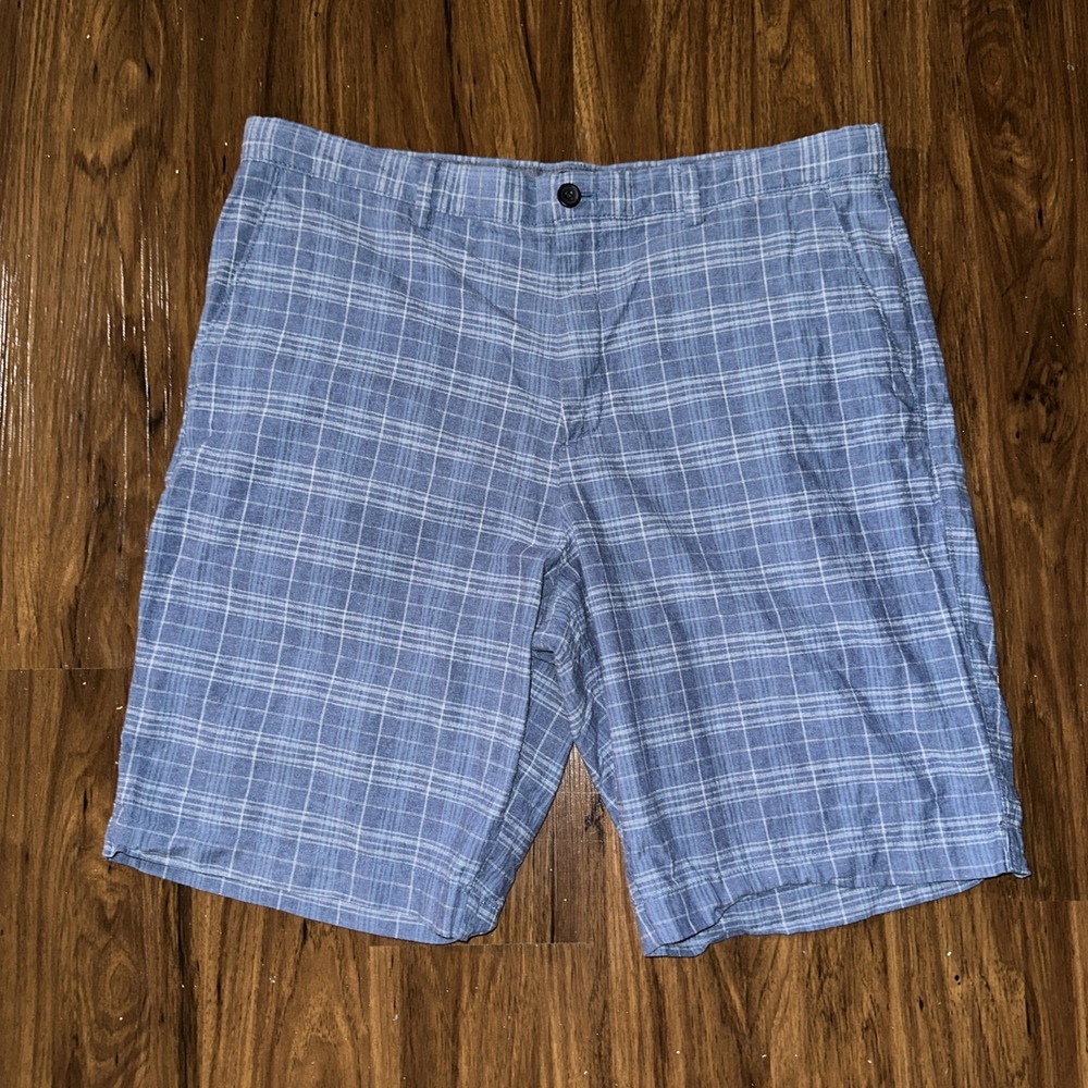 Banana Republic Men's Emerson Short 38 Blue Plaid Linen-Cotton Blend